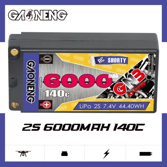 GNB GAONENG 6000MAH 2S 7.6V HV 140C Short Shorty Pack 5.0mm Bullet Hard Case RC LiPo Battery 1:10 1:12 Scale RC Race Car